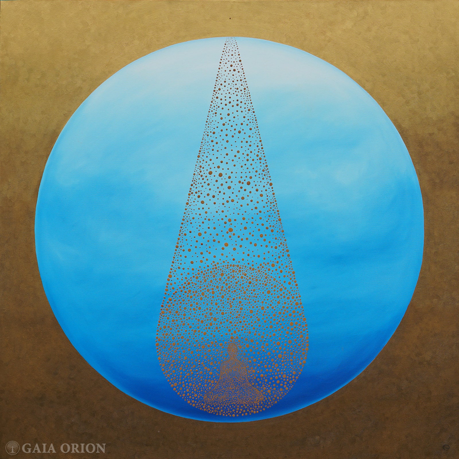 Points of Origin - Prints on canvas showing a meditative figure within a suspended golden teardrop against blue and gold background.