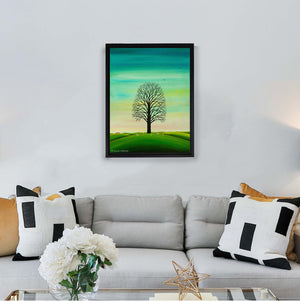 An art print of a beautiful oak tree on a hill on the sunset with people dressed in white under the tree