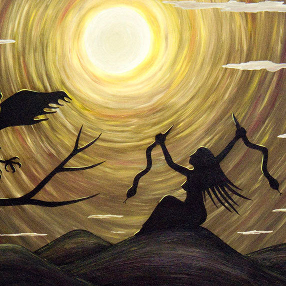 The Priestess - Oil on Canvas painting of a silhouetted figure holding two snakes under a glowing full moon.