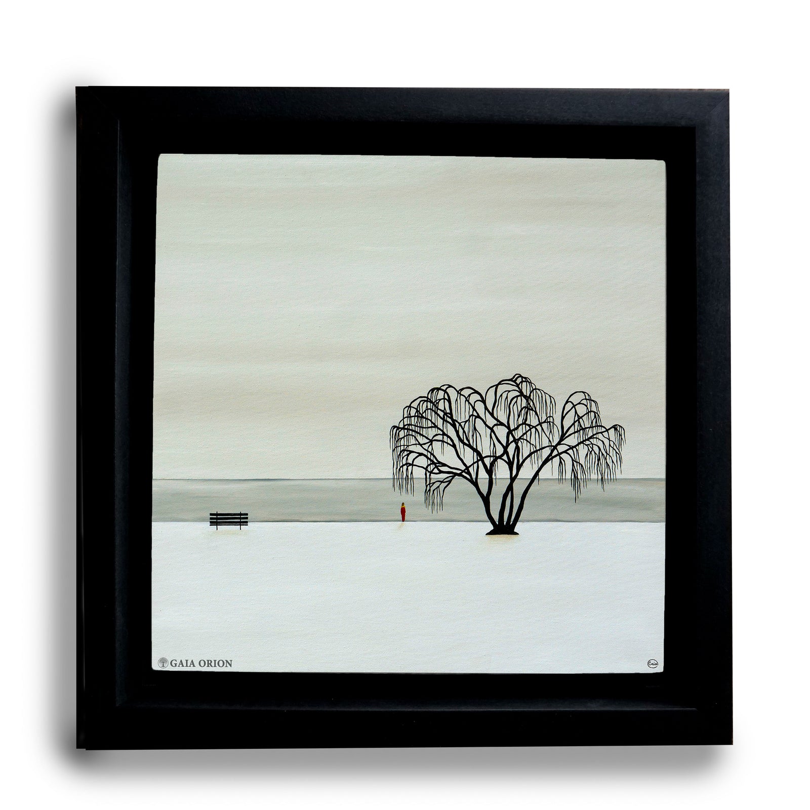 Protected - Oil on Canvas - 60 x 60 cm showing a lone willow tree, a bench, and a small figure in a minimal serene landscape.