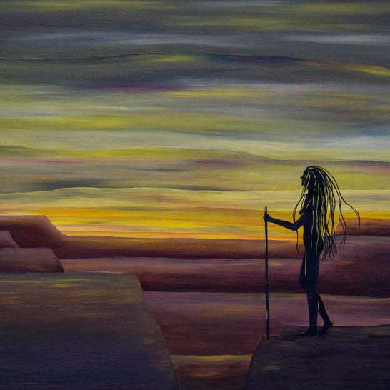 Quest at Dawn oil on canvas painting 60x45 cm depicting a solitary figure at dawn with a walking stick.