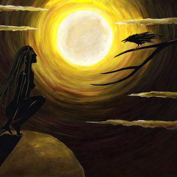 Raven Call - Oil on Canvas - silhouette of a wild woman and raven beneath a glowing full moon.