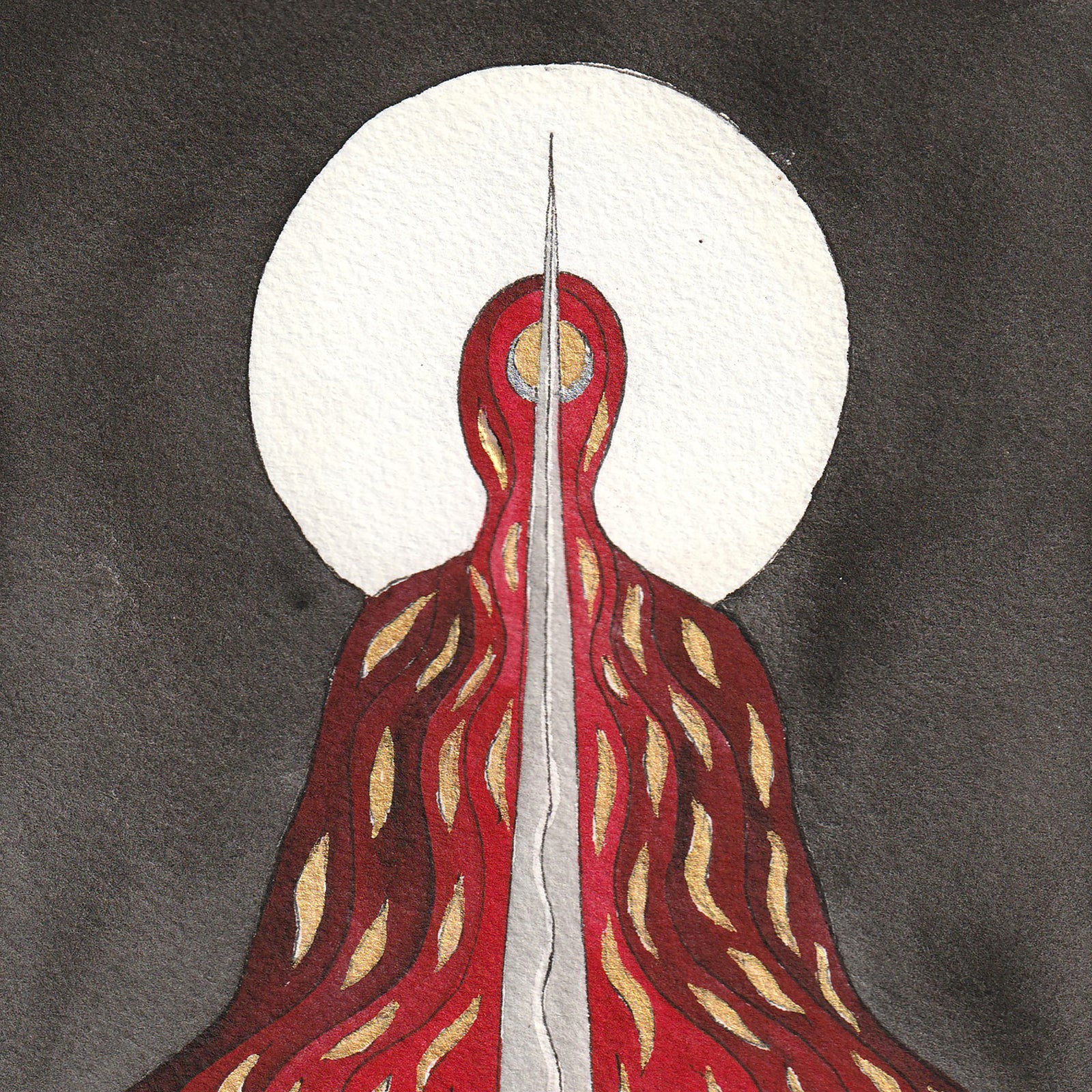 Clarity - Watercolour and Gold Acrylic 25 x 9 cm depicting a figure with red and gold accents against a white circle background.
