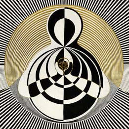 She Awakens - Oil on Canvas 50x100 cm abstract meditation themed painting with concentric black, white, and gold patterns.