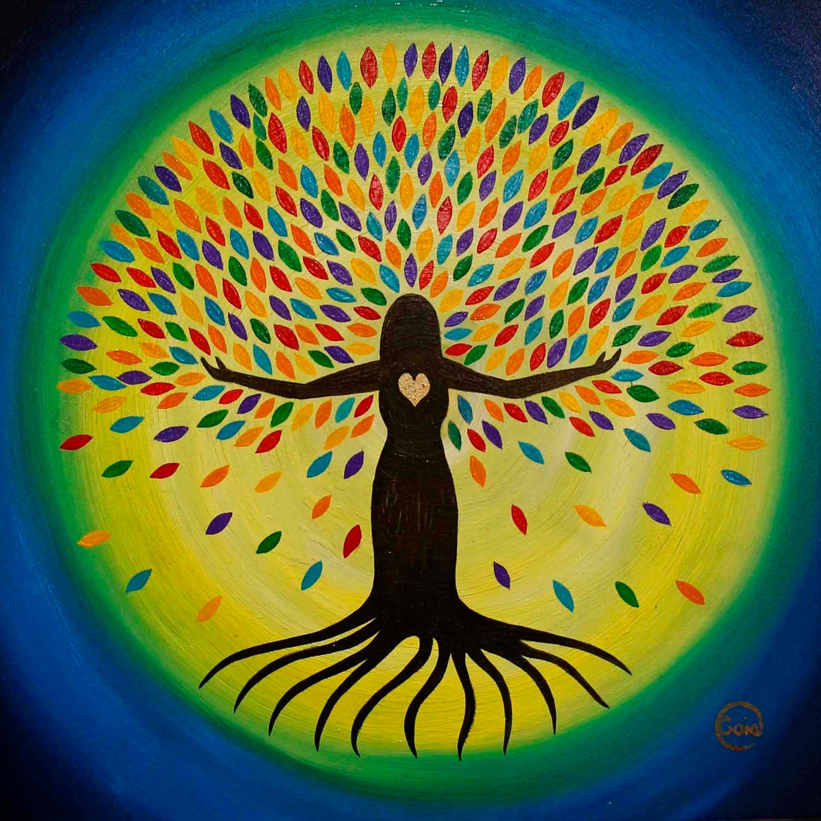 She Flourishes - Oil on Wood 20x20 cm showing a woman-tree silhouette with colorful leaves radiating growth and vitality.