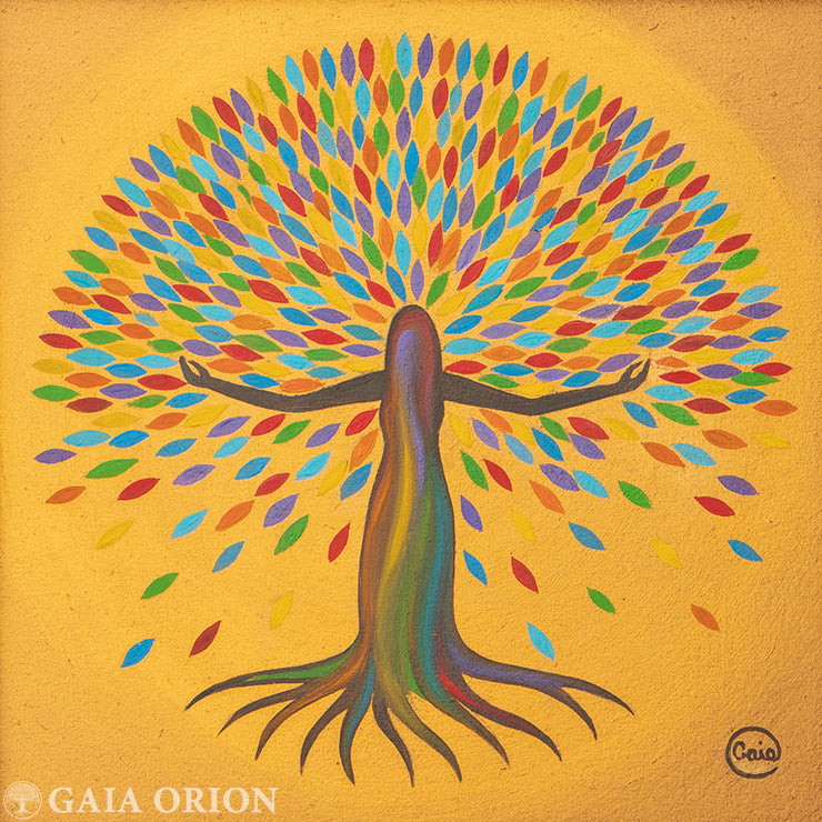 She Flourishes - Oil on Wood 20x20 cm painting, colorful woman-tree figure symbolizing growth and earth healing.