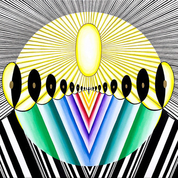 Solar Awakening - Oil on Canvas painting featuring abstract sunburst and geometric shapes in vibrant colors.