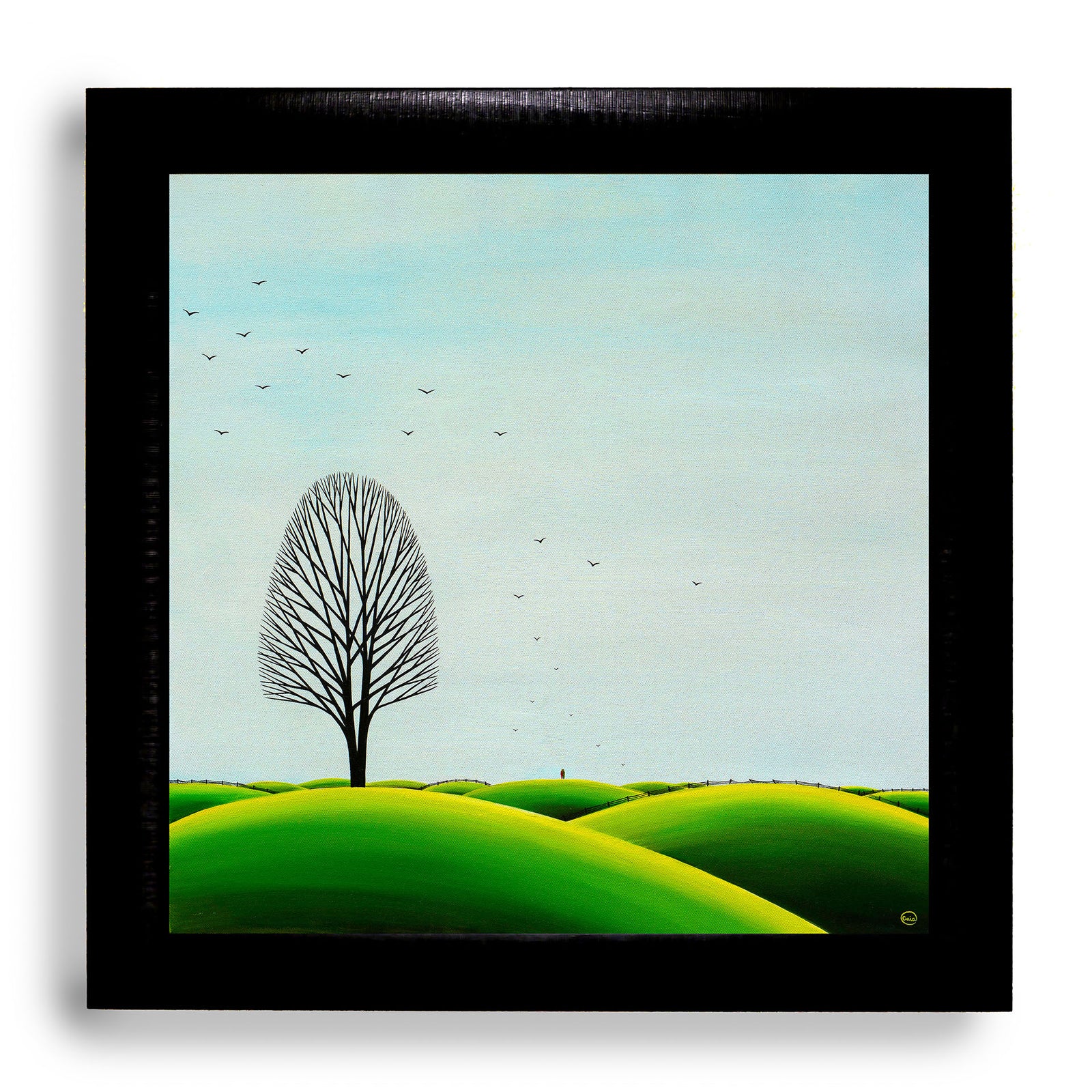 Soul Sister - Oil on Canvas - 60 x 60 cm, minimalist landscape with a lone tree and rolling green hills under a clear sky.