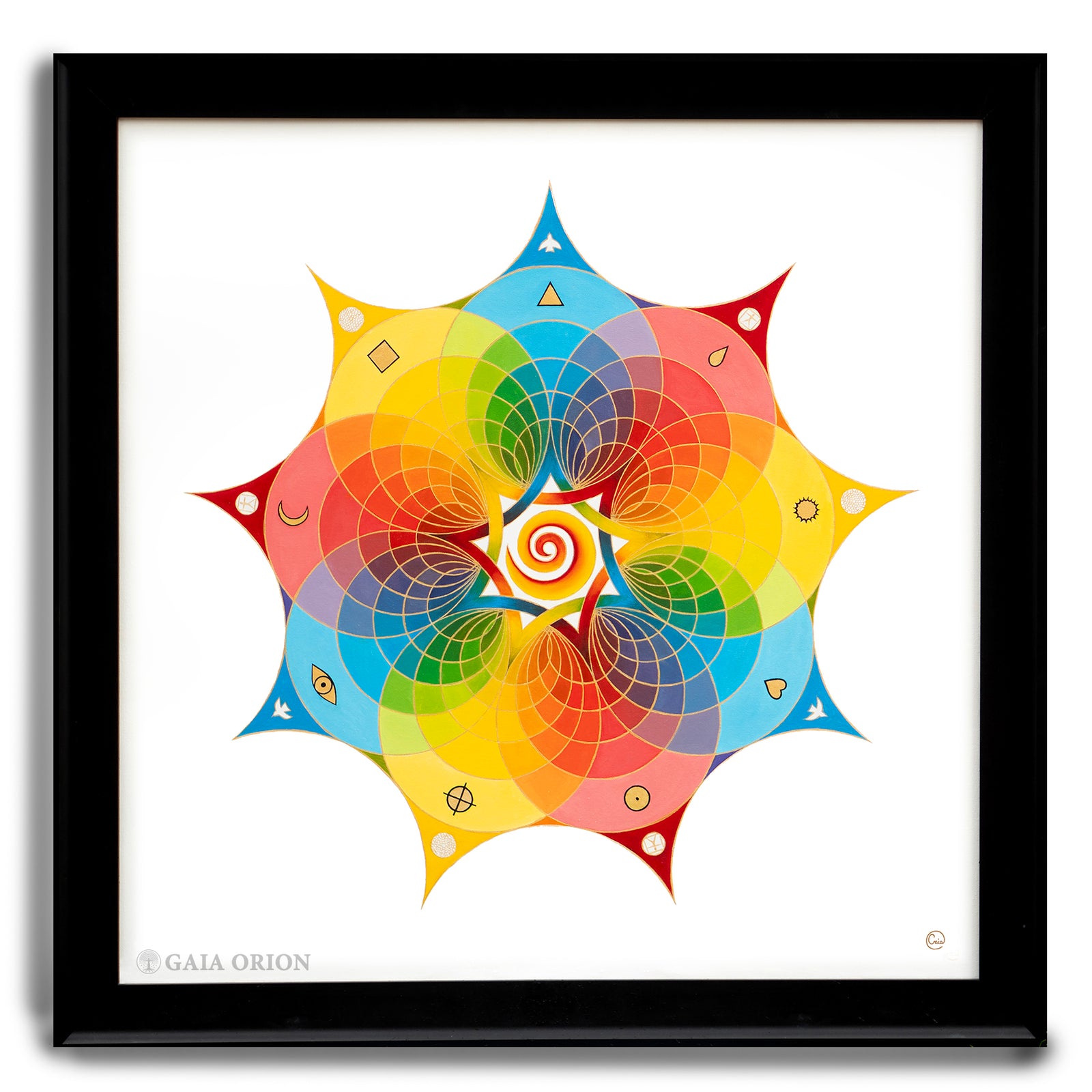 Soulshine - Oil on Canvas - 90 x 90 cm with vibrant spirals and geometric patterns in bright warm and cool colors.