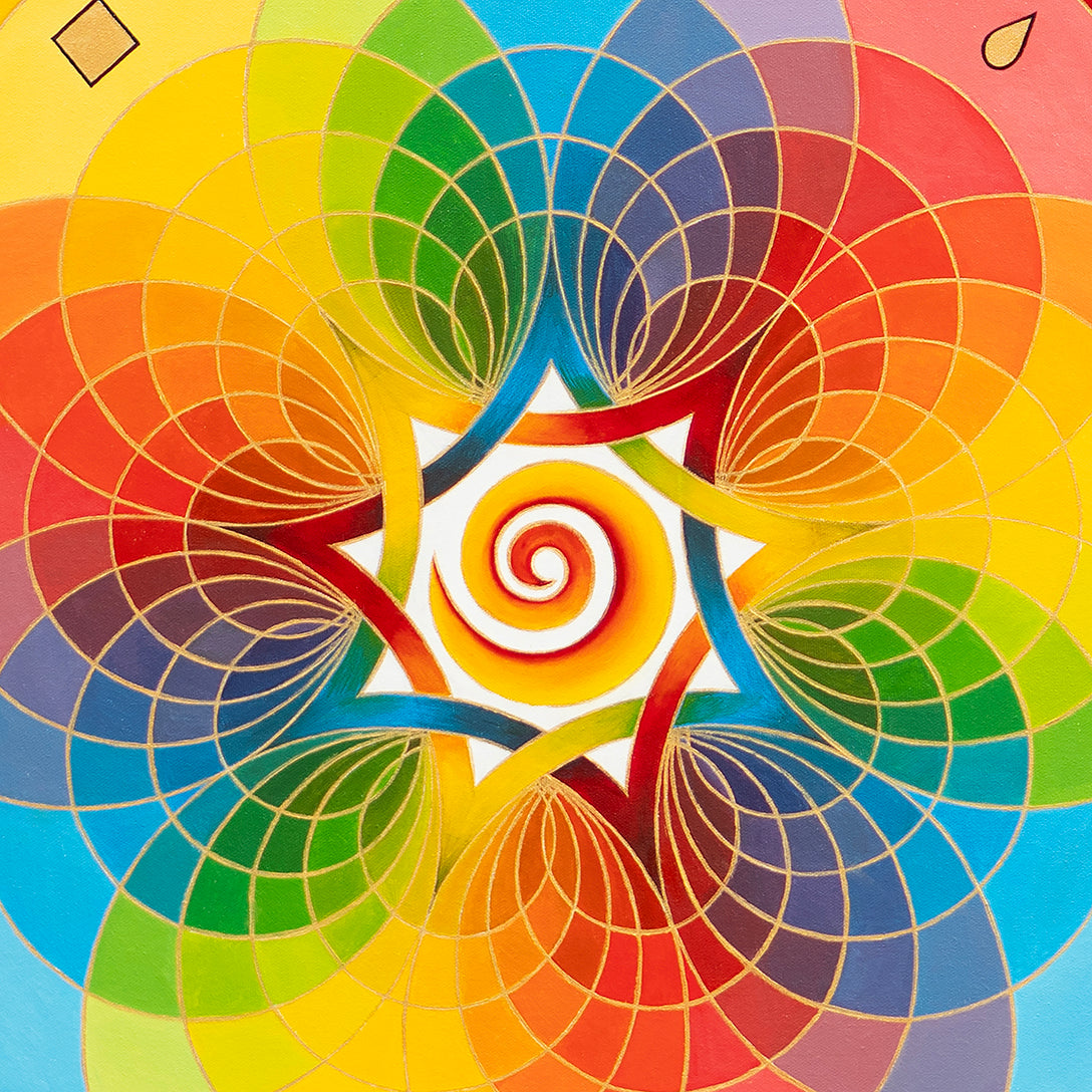 Soulshine - Oil on Canvas - 90 x 90 cm with vibrant spirals and geometric patterns in bright warm and cool colors.