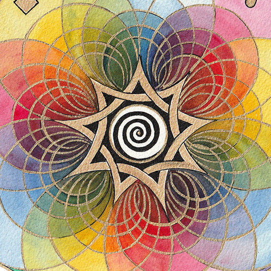 Soulshine - Watercolour 28 x 28 cm featuring a colorful circular geometric design with spiral and gold symbolic elements.
