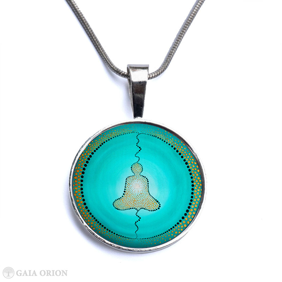 Spiritually Aligned Necklace with medallion featuring meditation art on sterling silver snake chain, handmade in Canada