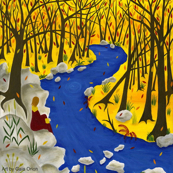 Autumn Reflection - Oil on Canvas - 75 x 55 cm showing a person sitting by a blue river surrounded by autumn trees.