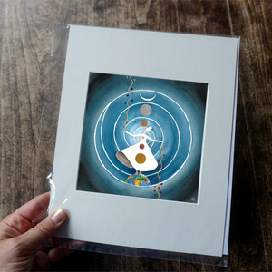 Sufi Dancer - Prints on Paper showing a whirling dancer with cosmic and earth elements in blue and white tones.