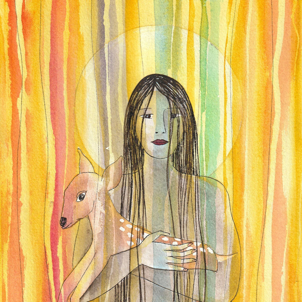 Tenderness - Watercolour 28 x 18 cm showing a woman with long hair holding a fawn against a colorful striped background.