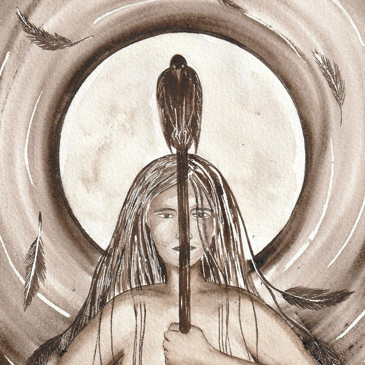 Territory - Watercolour 28 x 15 cm showing a figure holding a staff with a bird, surrounded by feathers and a circular background.
