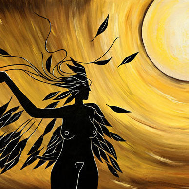 The Call - Oil on Canvas - silhouette of a dancing woman surrounded by black feathers under a glowing sun.
