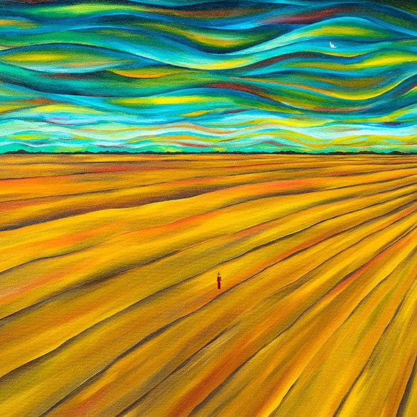 The Man who Felt the Earth oil painting on canvas depicting a lone figure in vast fields under swirling sky 45 x 60 cm