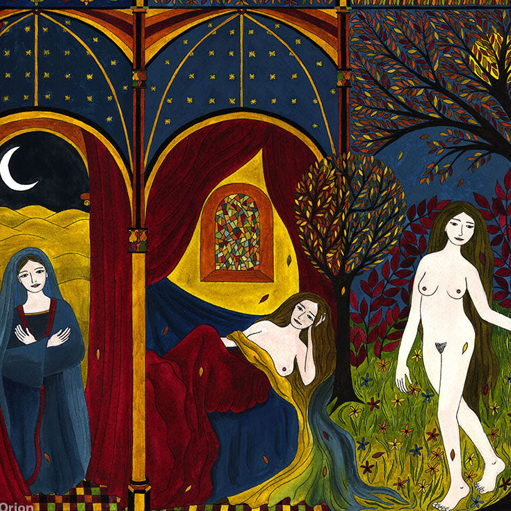 The Virgin, the Whore and the Sinner oil on canvas painting depicting three symbolic female figures in a colorful setting.