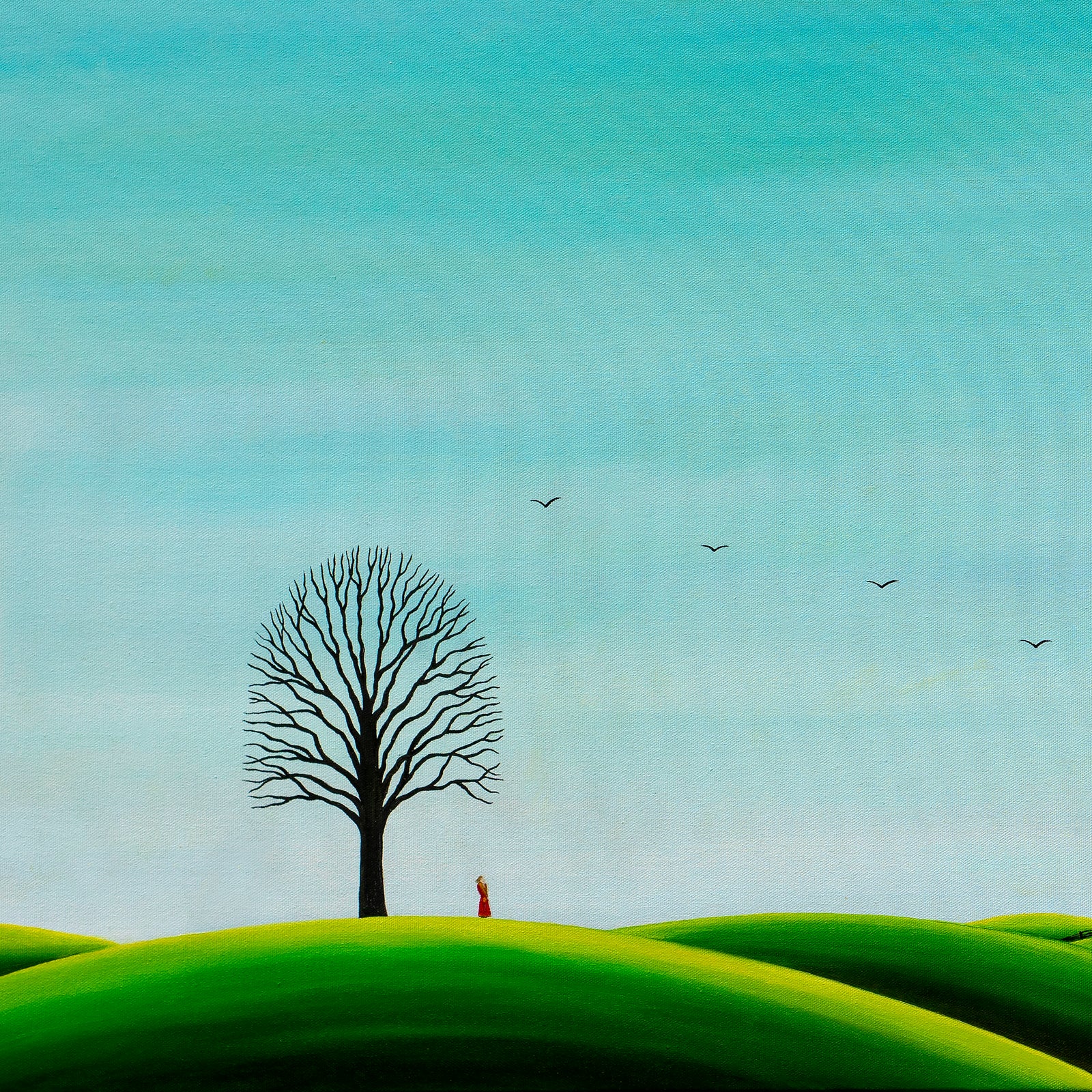The Call - Oil on Canvas shows a lone tree and figure with birds flying over green hills under a blue sky.