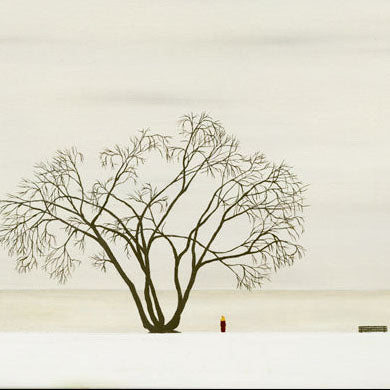 Under my Willow - Oil on Canvas - 30 x 60 cm depicts a solitary leafless tree with a small figure beneath it in a minimalist landscape.