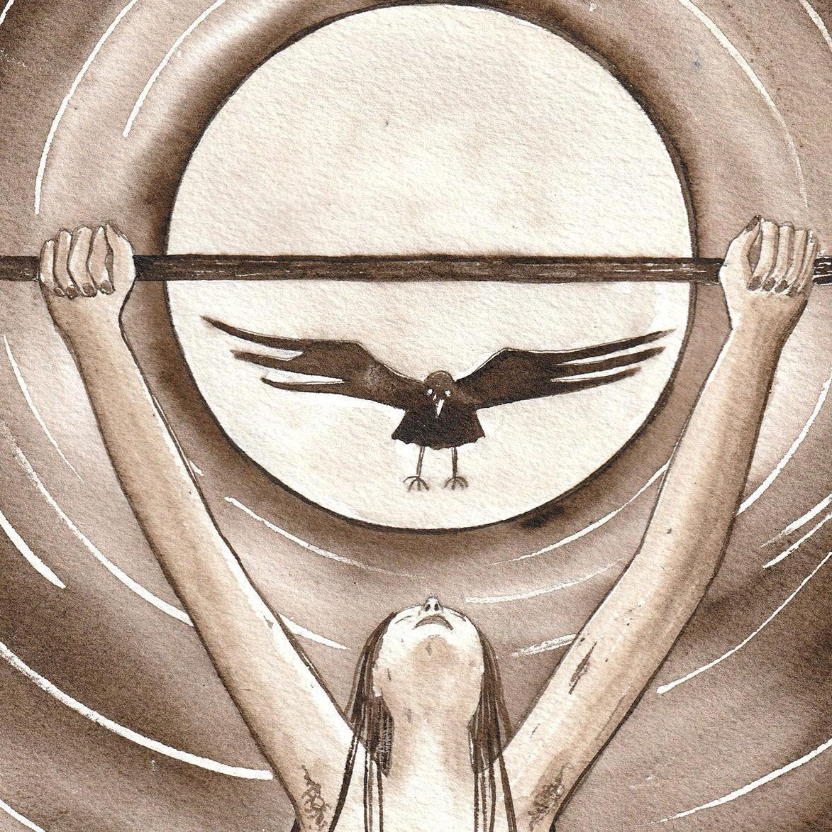 Victory - Watercolour 26 x 17 cm showing a figure lifting a bar with a bird flying in front of a large circular background.