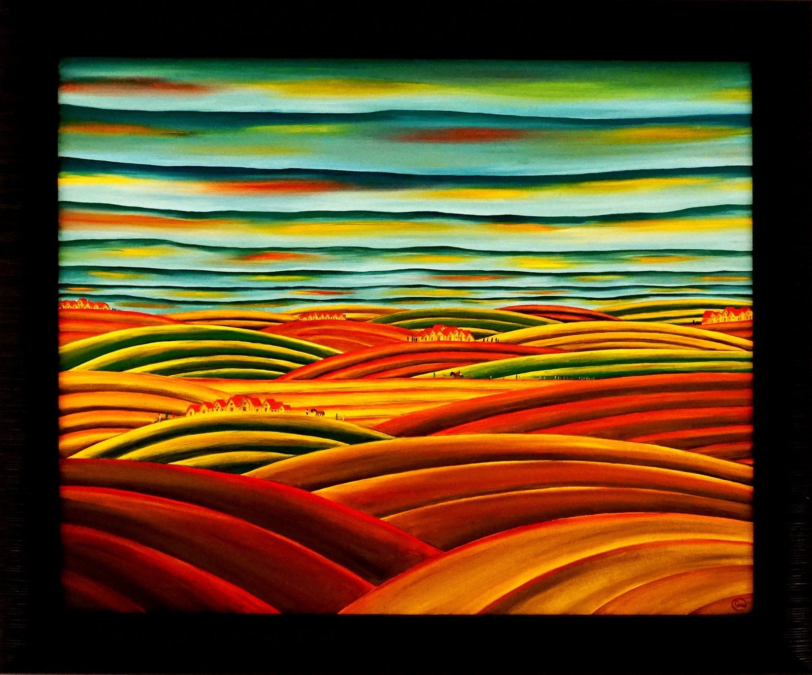 Warmth - Oil on Canvas depicting rolling hills with warm earth tones under a layered turquoise sky.