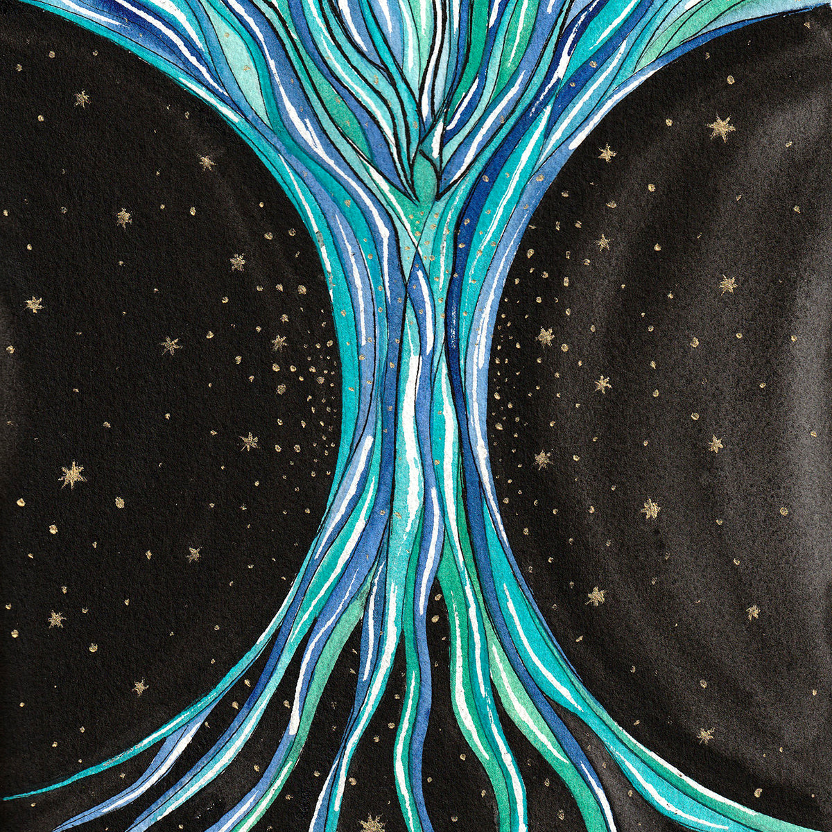 The River of Life - Watercolour and Gold Acrylic 11x7 abstract tree forms flowing against a starry black background