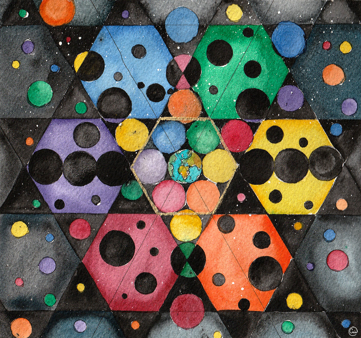 Complex Organism - Watercolor on paper 6x6 depicting hexagons, Earth, and colorful circles symbolizing life and universe.