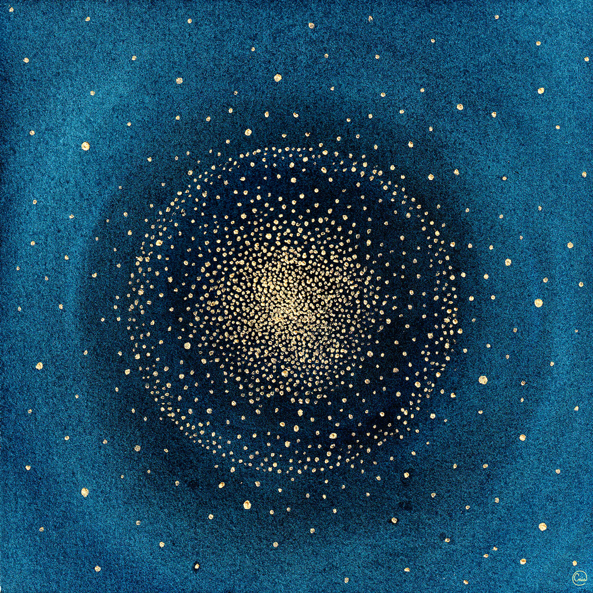 Beginnings of Life - Watercolor and gold acrylic on paper depicting a cosmic black hole and big bang concept in blue tones.