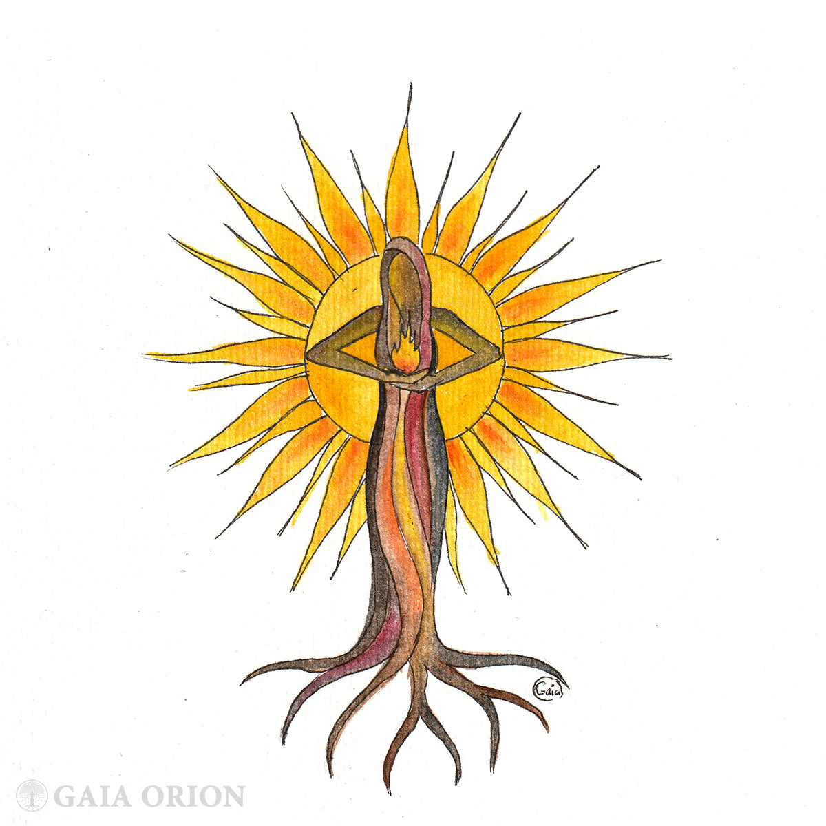 Woman tree holding fire with a bright sun behind her