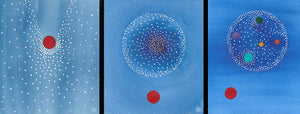 The artwork Emu & Healthy Community consists of three abstract paintings showing a red circle on blue backgrounds: one with white dots radiating outward, another with a circular cluster of white dots, and the last featuring multiple colored circles and dots.