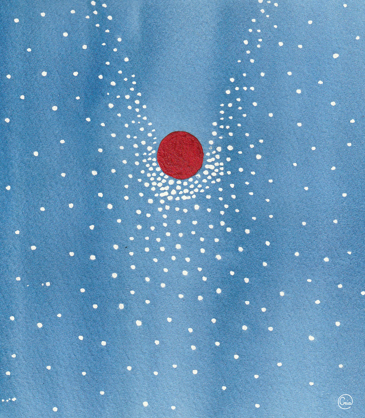 Emu & Fruitful Friction watercolor on paper shows white dots converging toward a central red circle on blue background.
