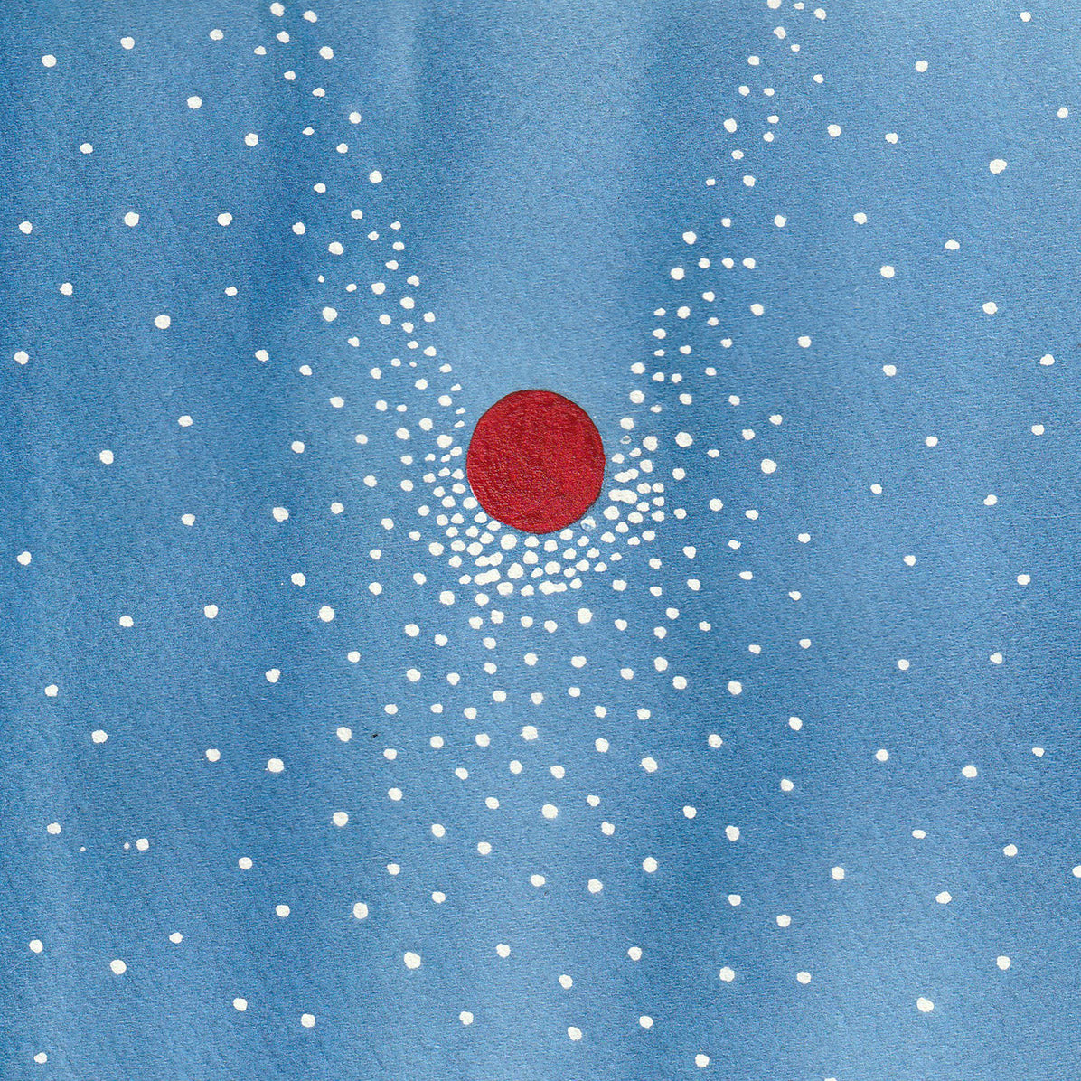 Emu & Fruitful Friction watercolor on paper shows white dots converging toward a central red circle on blue background.