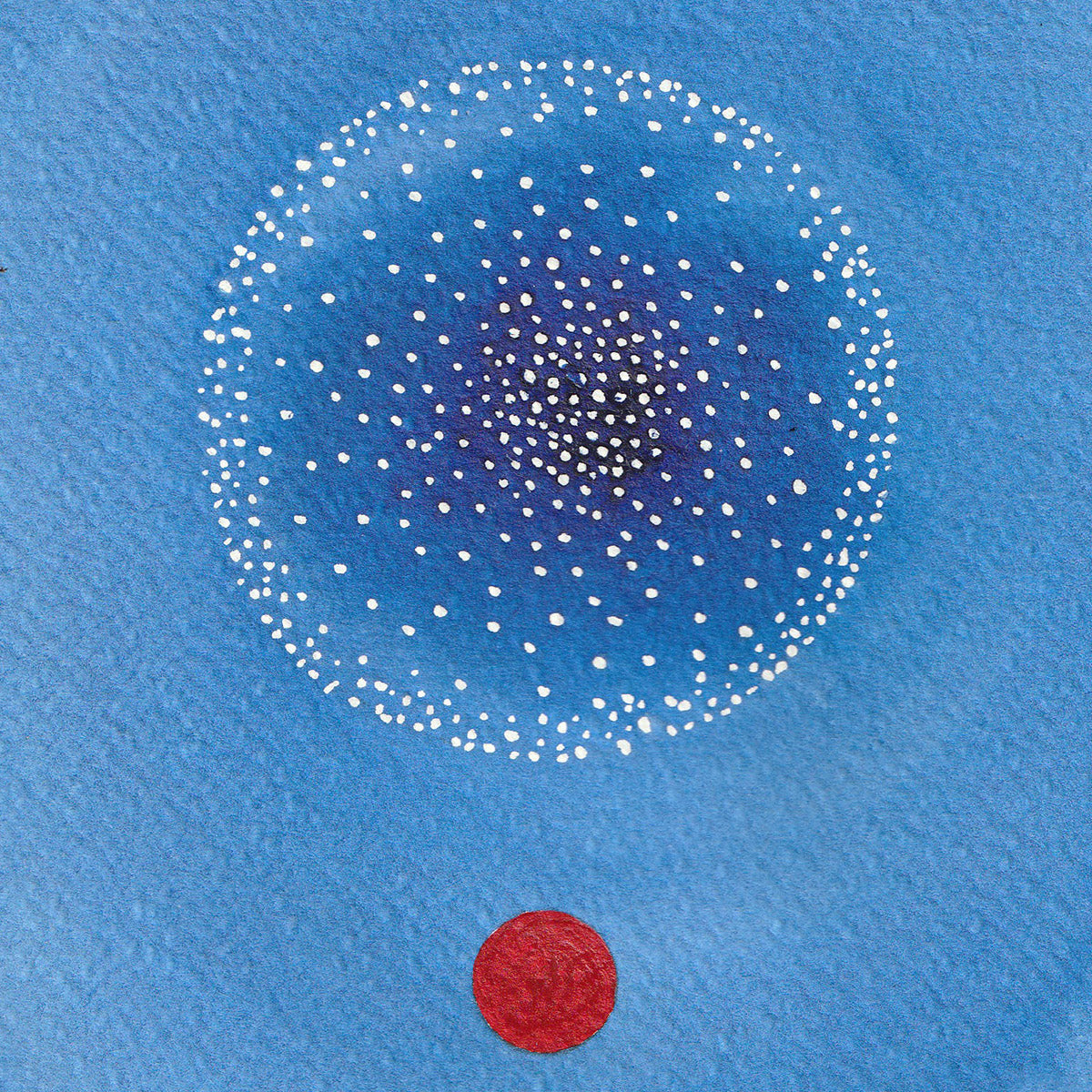 Emu & Healthy Community watercolor showing a blue circle of white dots above a single red dot on blue paper.