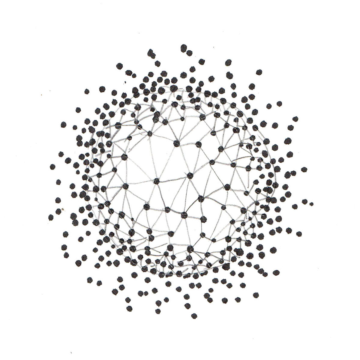 The Noosphere 1 - Ink on paper showing a network of dots and lines representing the planet and its noosphere.