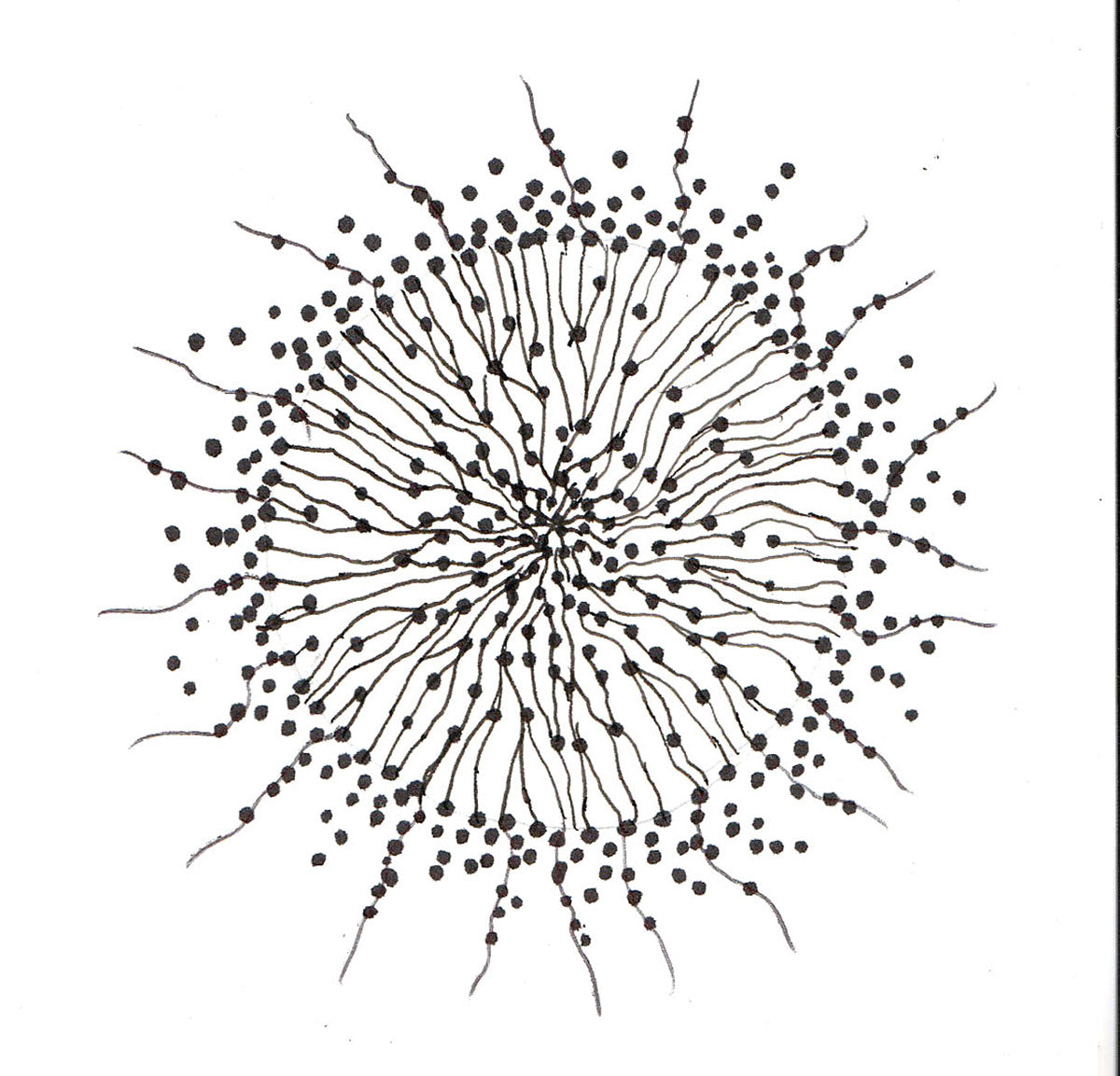 The Noosphere 2 ink on paper shows an organic network of roots and dots representing Earth's noosphere.