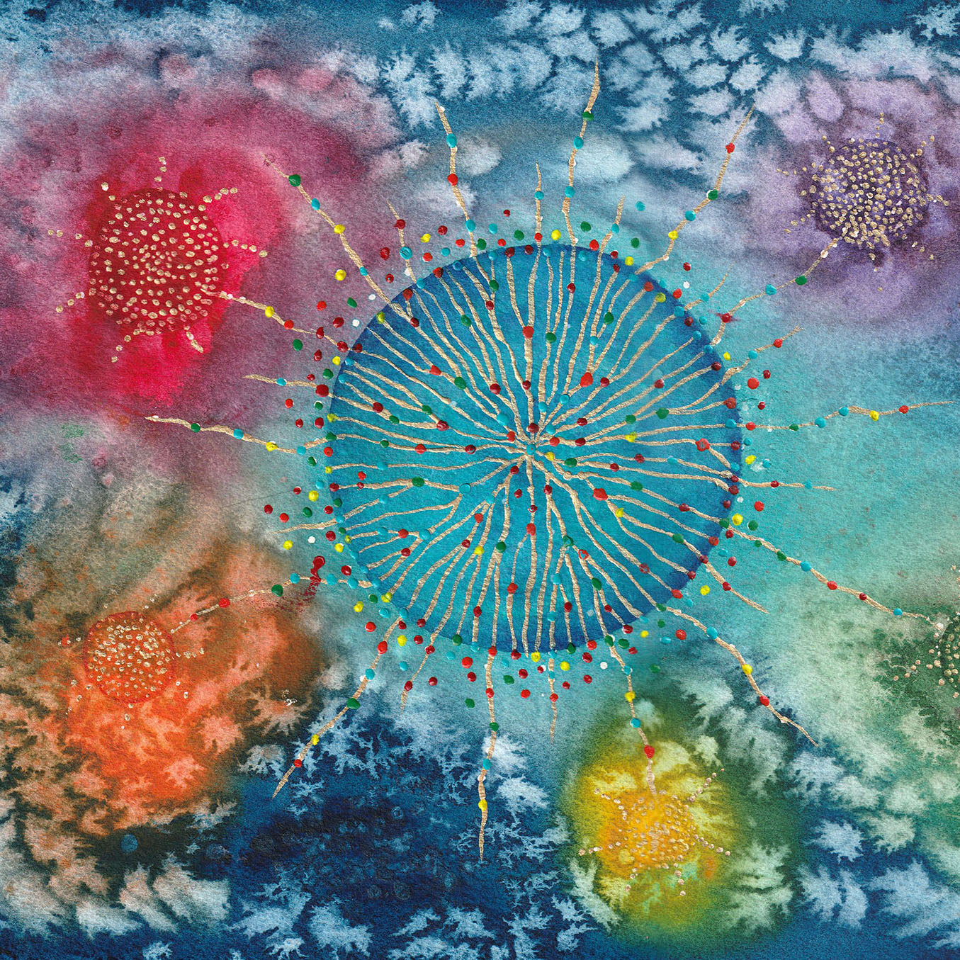 Connections - Watercolor and acrylic on paper depicting colorful linked points representing thoughts in the infinite noosphere.