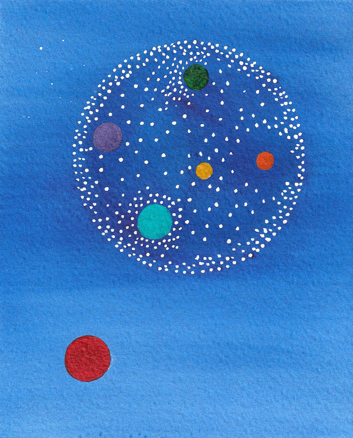 Emu & Healthy Community 2 watercolor on paper showing abstract colorful orbs with white dots on blue background.
