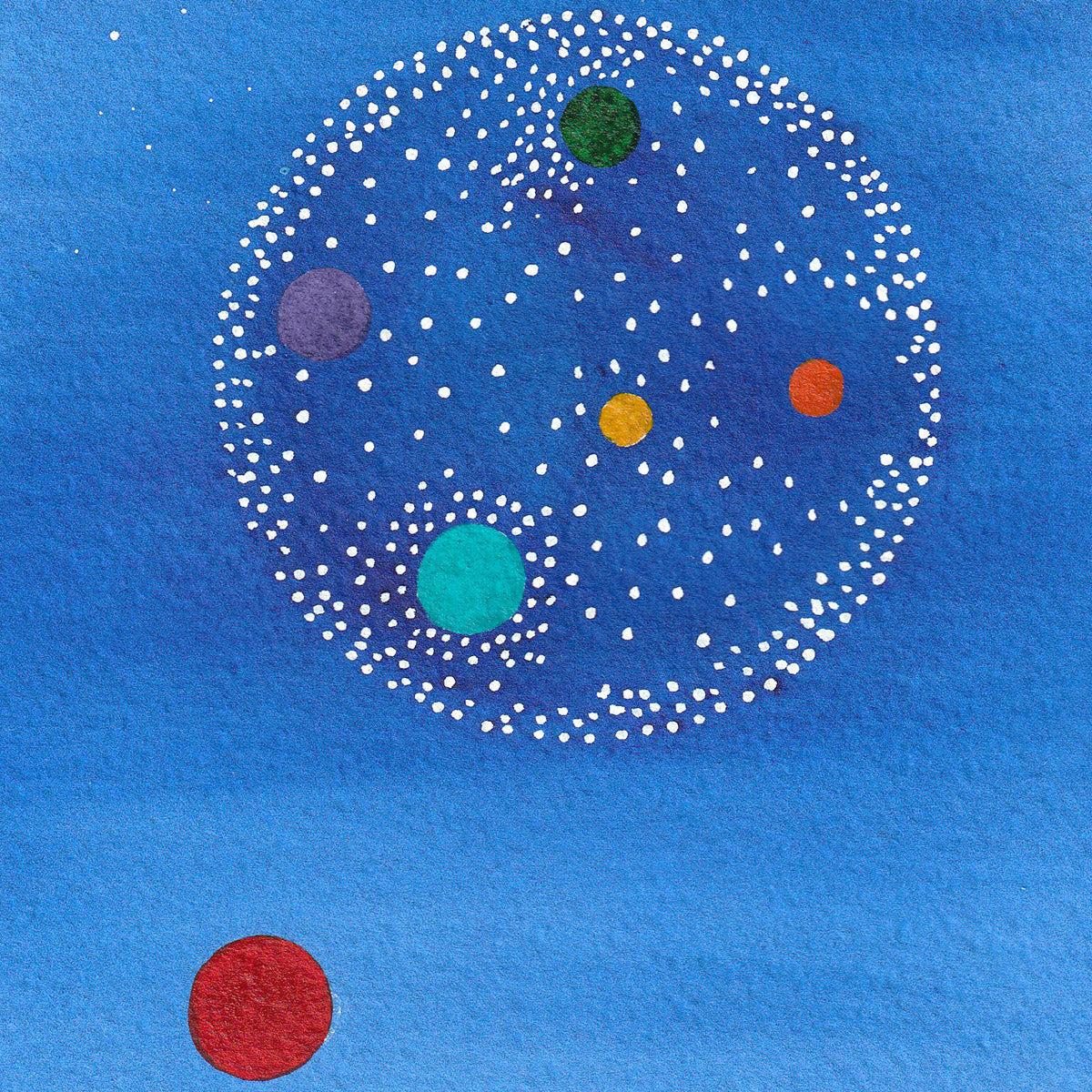 Emu & Healthy Community 2 watercolor on paper showing abstract colorful orbs with white dots on blue background.