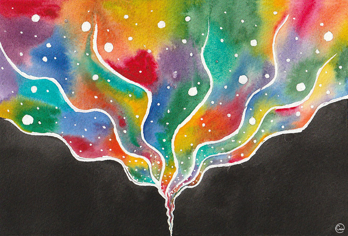Fruitful Friction and Expansion watercolor shows colorful swirling funnel rising from dark chaotic base.