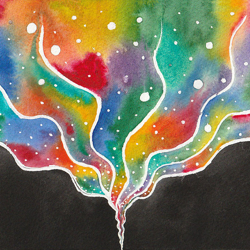 Fruitful Friction and Expansion watercolor shows colorful swirling funnel rising from dark chaotic base.