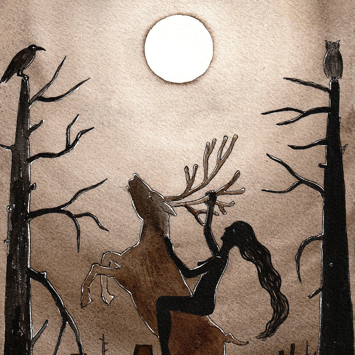 Wild Ride - Watercolour 26 x 18 cm showing a woman riding a deer under a moonlit sky with bare trees and birds.