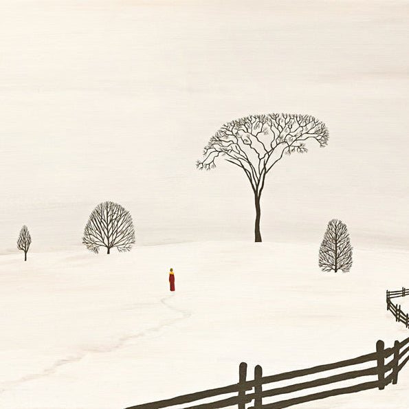 Winter Walk - Oil on Canvas - 45 x 60 cm depicts a snowy landscape with bare trees and a figure walking toward a large elm tree.