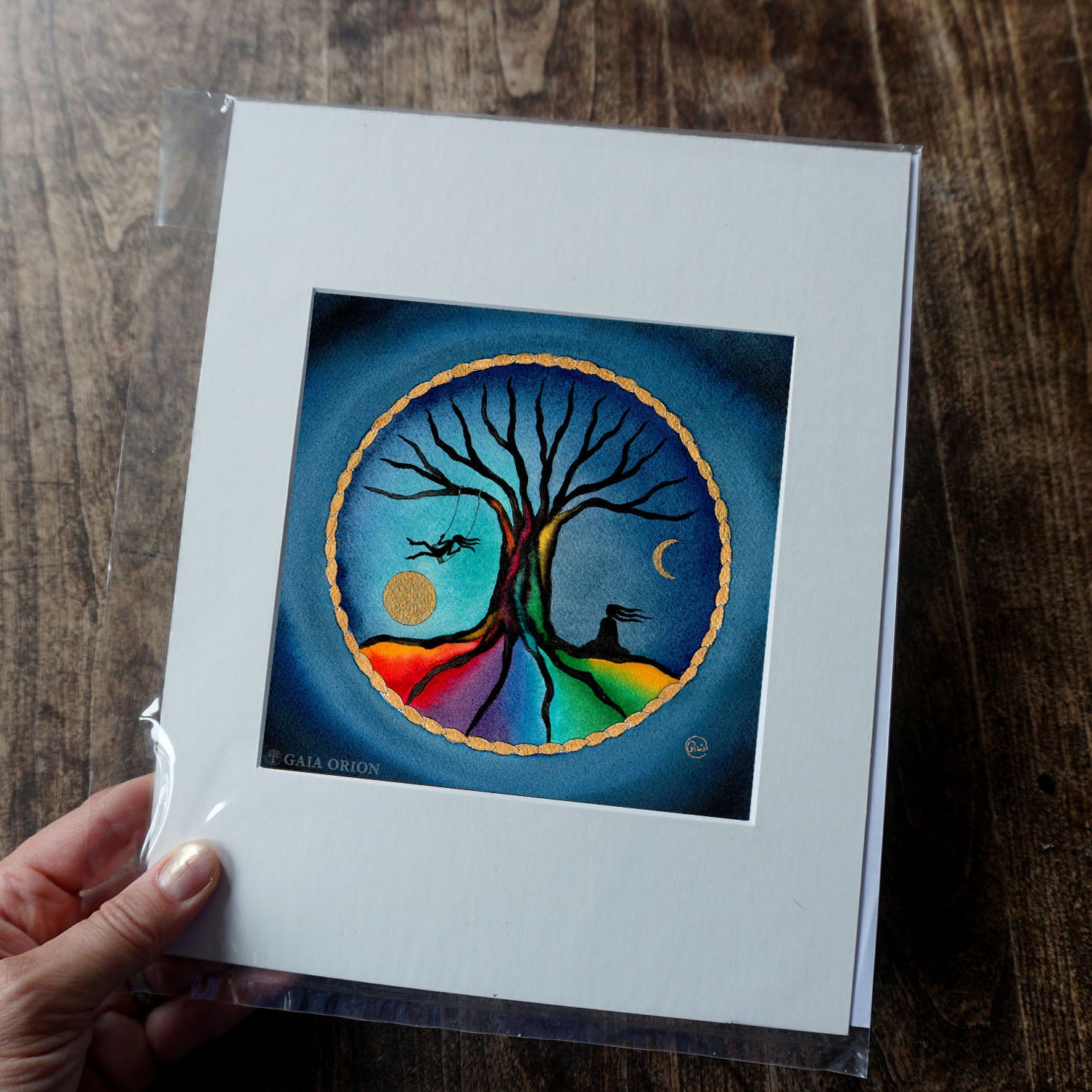 Watercolour painting about wisdom and innocence a woman meditating and a girl on a swing
