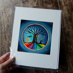 A print on paper of a colorful tree of life with a girl on a swing