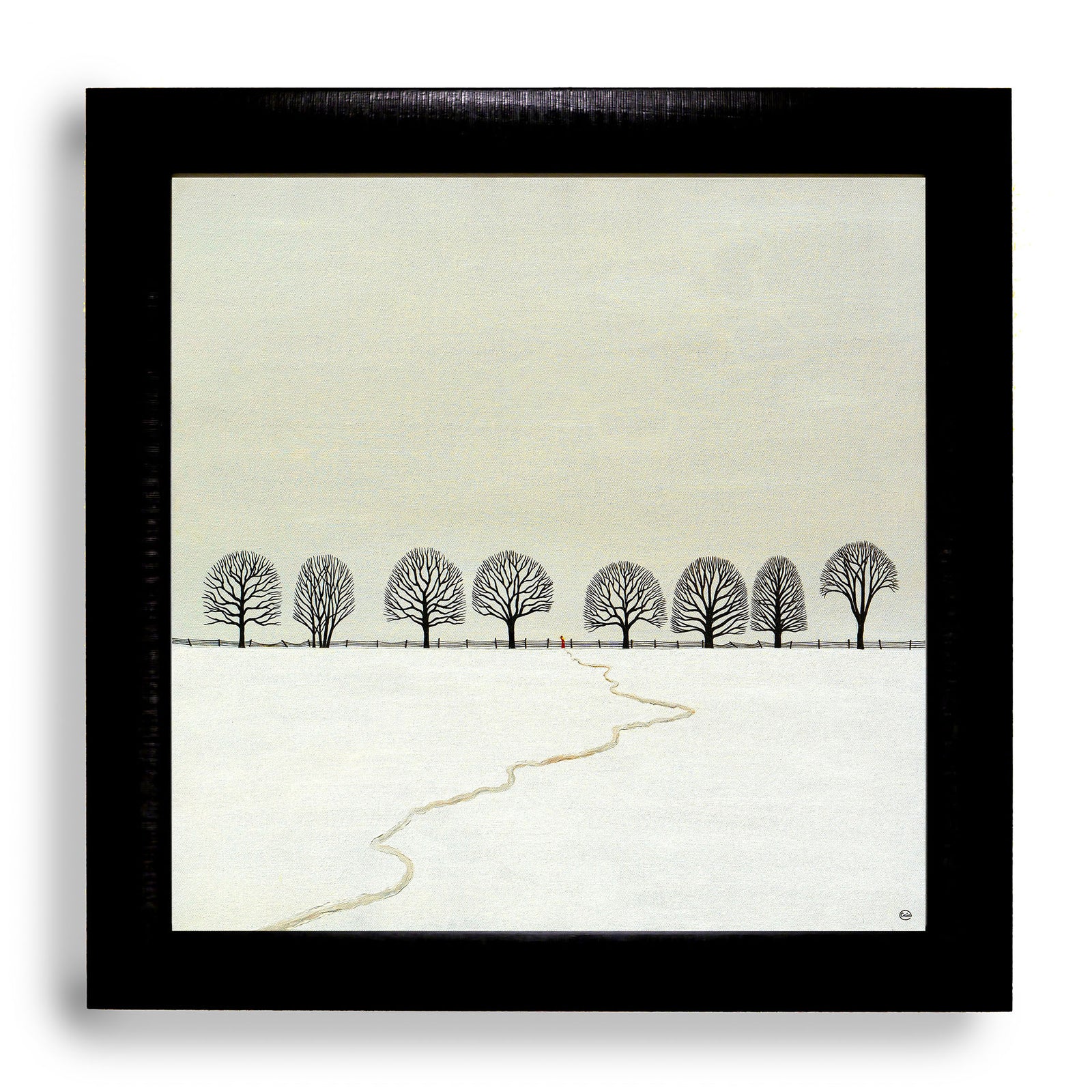 Wisdom Council - Oil on Canvas - Minimalist landscape with bare trees and winding path in muted tones.