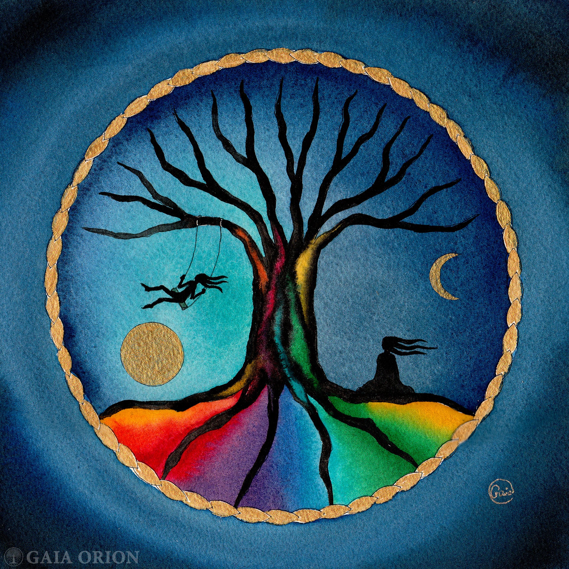 Watercolour painting about wisdom and innocence a woman meditating and a girl on a swing