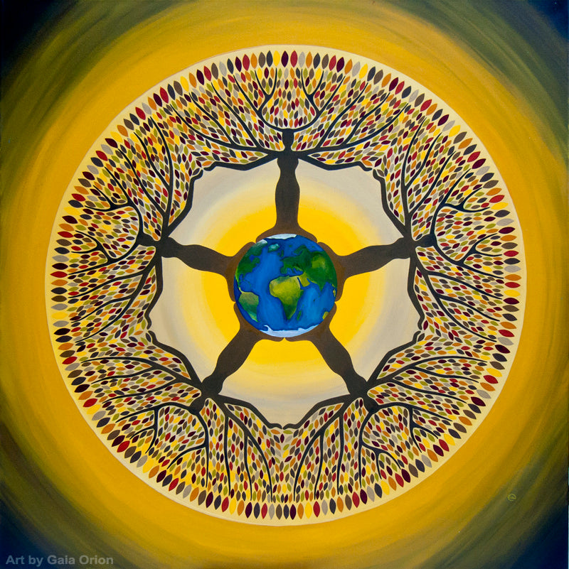 Equilibrium - Oil on Canvas - 90 x 90 cm, painting of human figures with tree branches surrounding Earth in a circular harmony design.