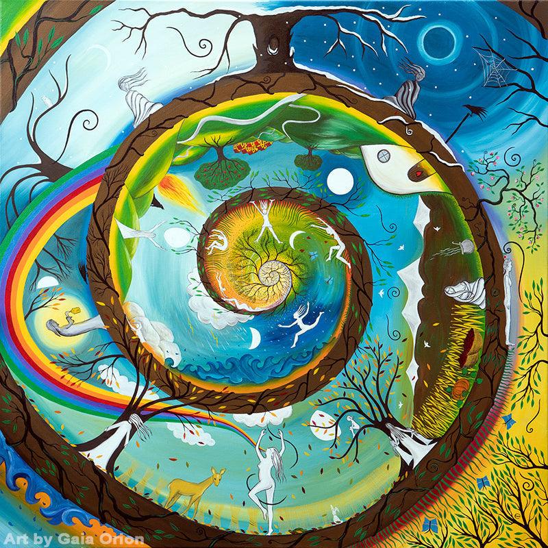 Her Journey - Oil on Canvas 90x90 cm depicting life cycles, seasons, and feminine stages in a colorful spiral design.